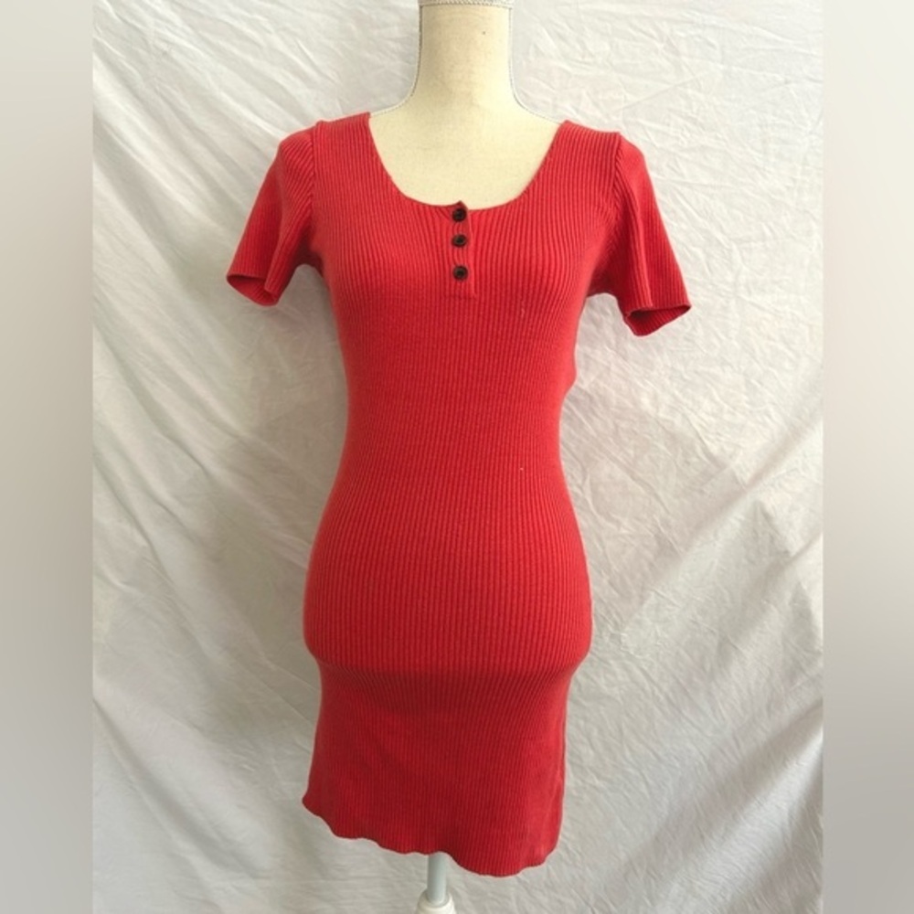 Urban Outfitters Mini Dress Womens Red Ribbed Henley Knit Short Sleeve S